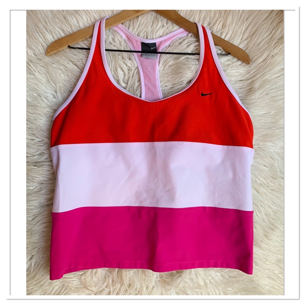 Nike Dri Fit Striped Racerback Athletic Tank Top Red White Pink Size XL